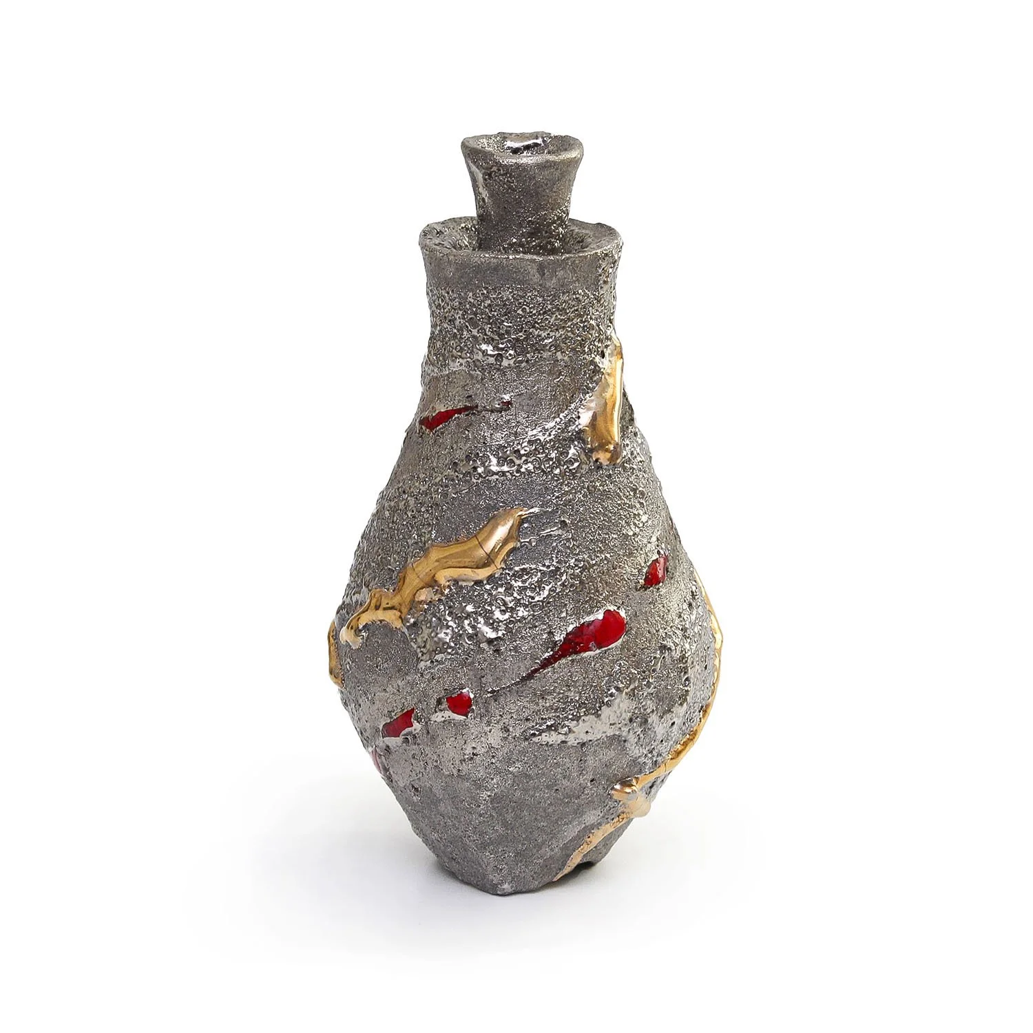 Toro Ichikawa - Silver and Gold Luster Sake Bottle with Signed Box